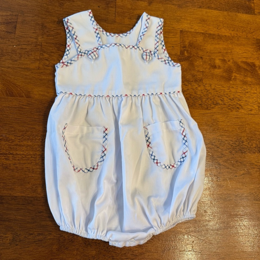 Zuccini kids White Baby Bubble Romper with blue red trim size 12 months